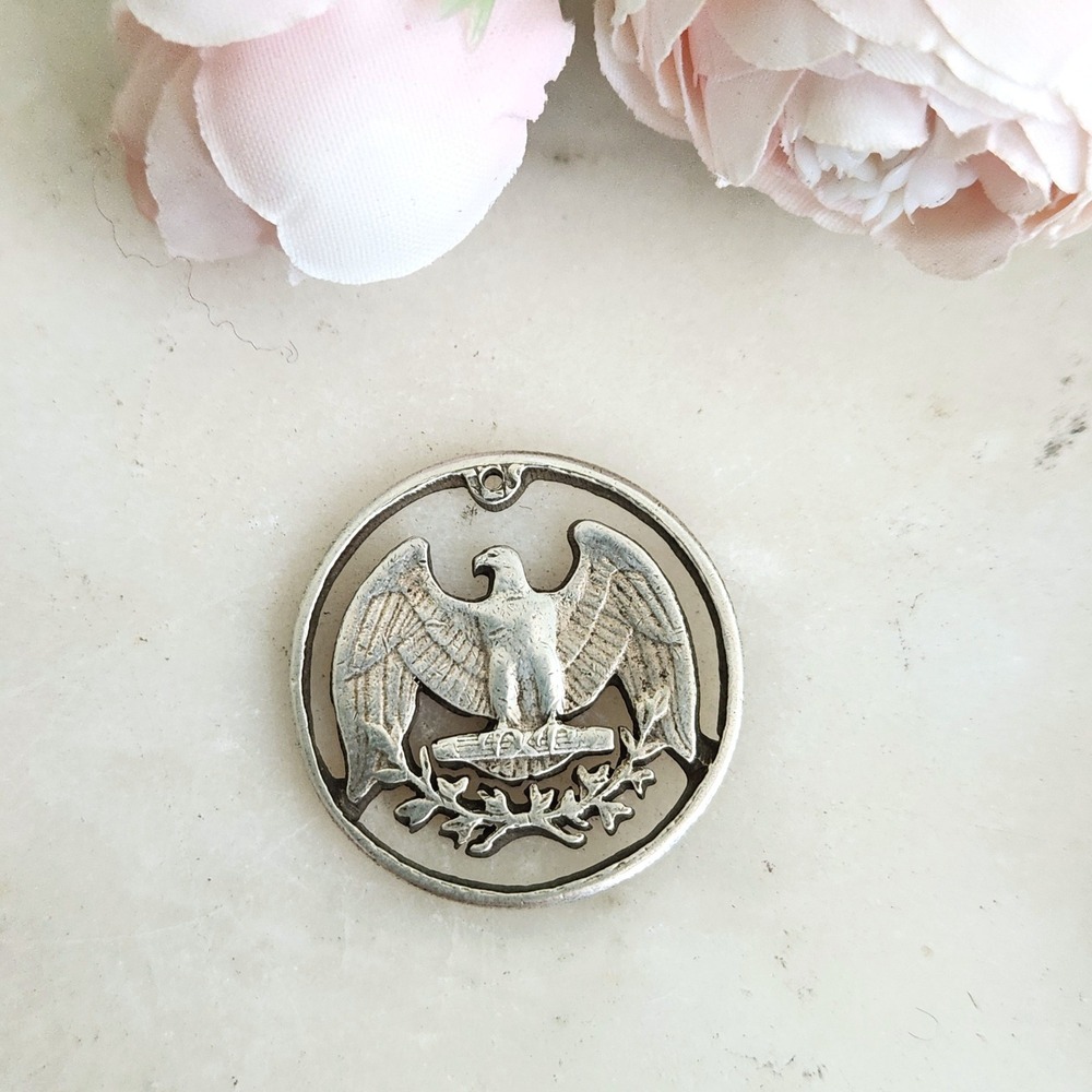 Vintage Fine Silver Hand Cut US Quarter Coin Pendant Eagle Heraldic Folk Art